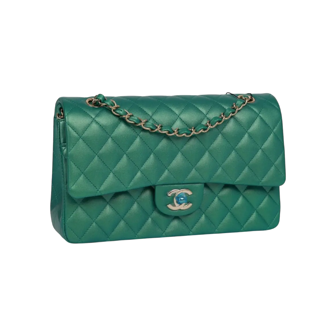 Chanel Classic Double Flap Bag Green Iridescent Lambskin Light Gold Hardware