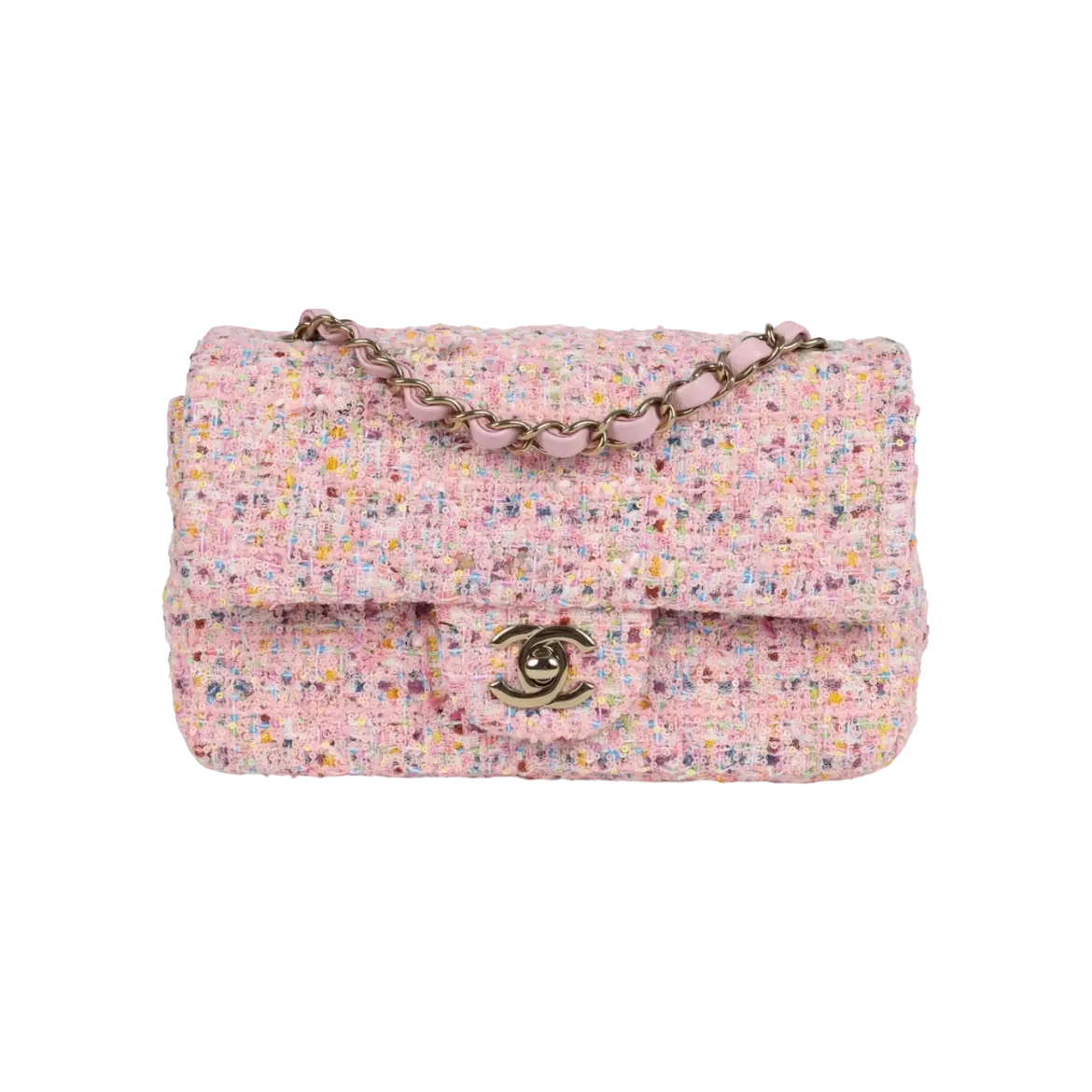 Chanel Mini Flap Bag Pink Tweed and Sequin Light Gold Hardware