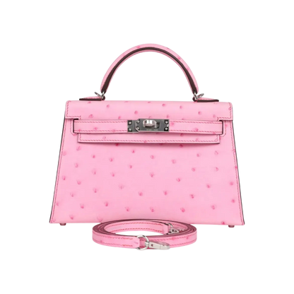 Hermès Mini Kelly Sellier Bubblegum Ostrich Palladium Hardware
