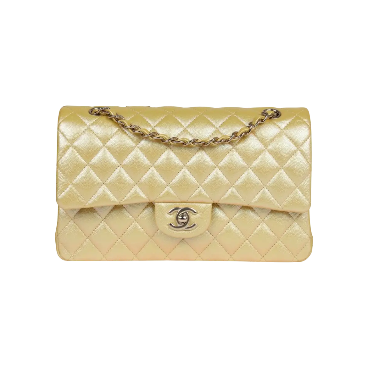 Chanel Classic Double Flap Bag Yellow Iridescent Caviar Light Gold Hardware
