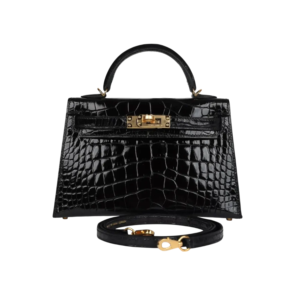 Hermès Mini Kelly Sellier Black Shiny Alligator Gold Hardware