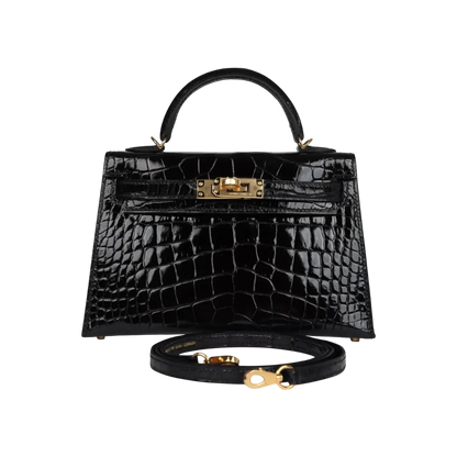 Hermès Mini Kelly Sellier Black Shiny Alligator Gold Hardware