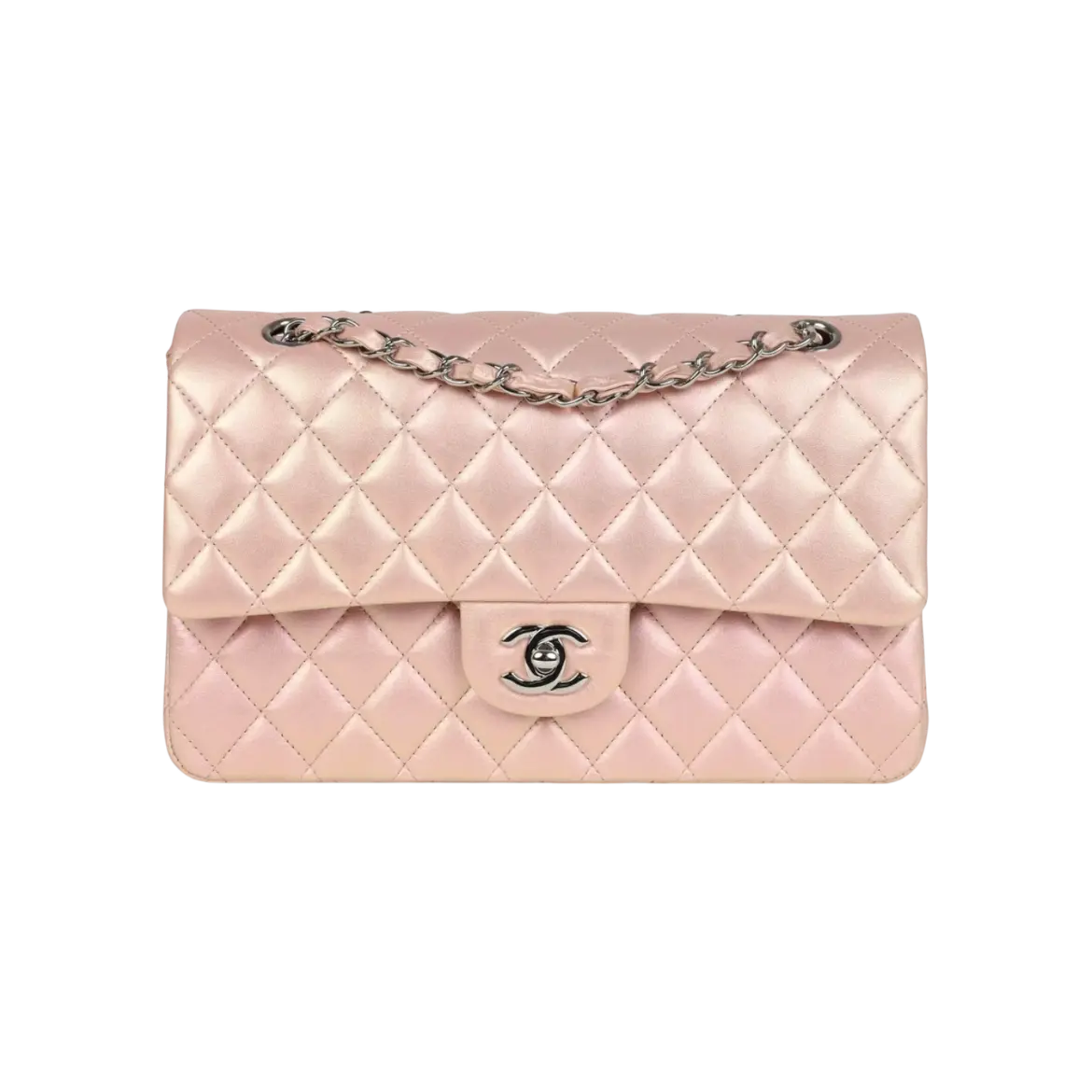 Chanel Classic Double Flap Bag Pink Iridescent Lambskin Silver Hardware