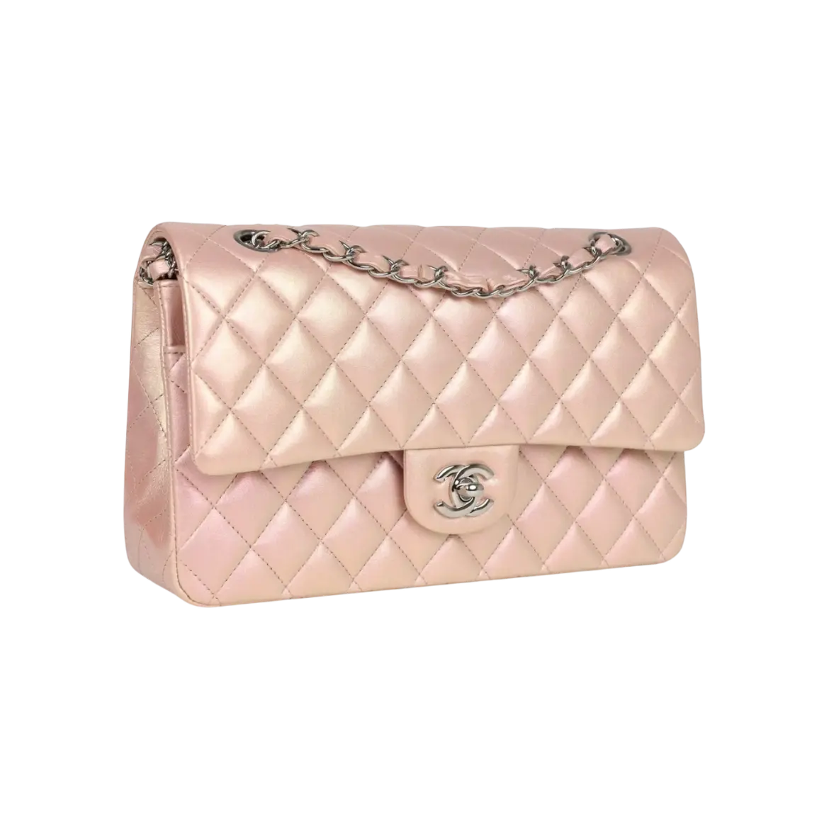 Chanel Classic Double Flap Bag Pink Iridescent Lambskin Silver Hardware