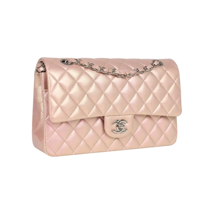 Chanel Classic Double Flap Bag Pink Iridescent Lambskin Silver Hardware