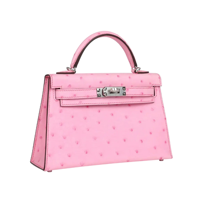 Hermès Mini Kelly Sellier Bubblegum Ostrich Palladium Hardware