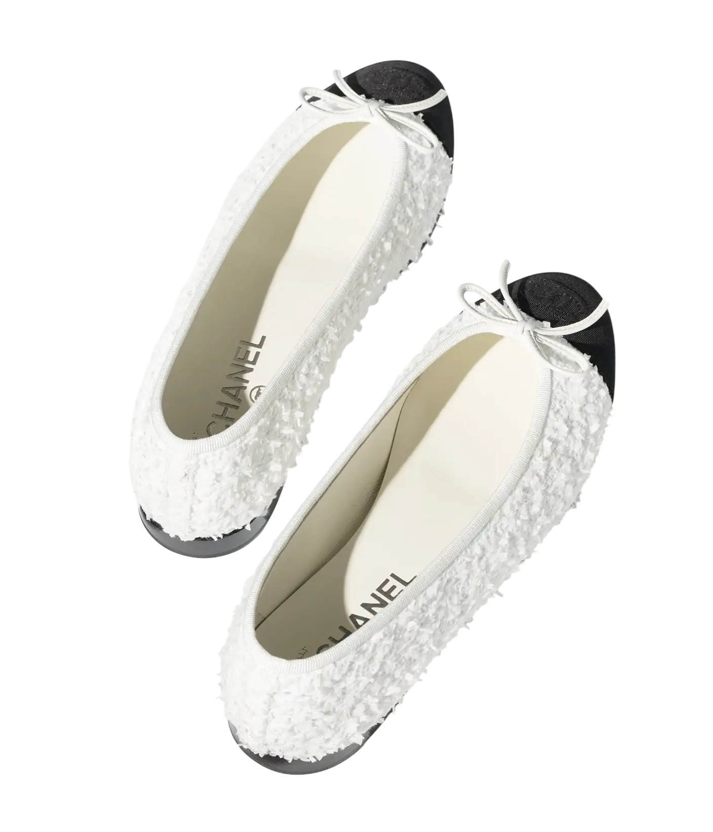 Chanel Ballet Flats White & Black Cotton Tweed / Grosgrain