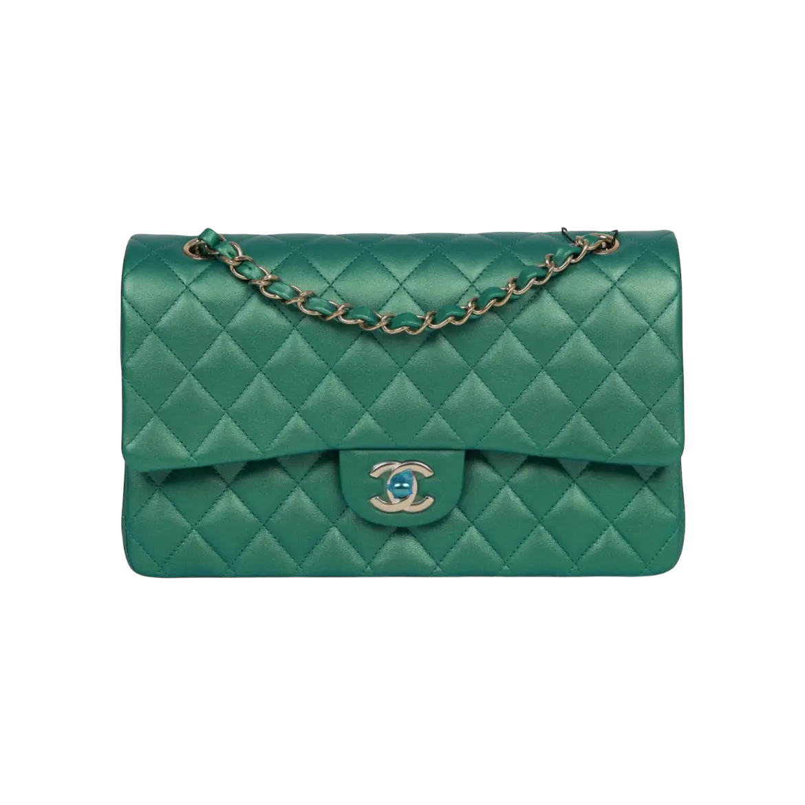 Chanel Classic Double Flap Bag Green Iridescent Lambskin Light Gold Hardware