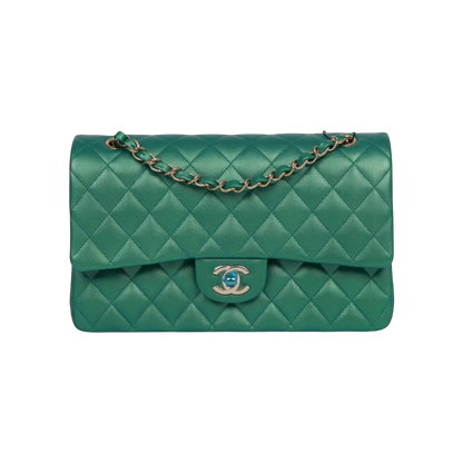 Chanel Classic Double Flap Bag Green Iridescent Lambskin Light Gold Hardware