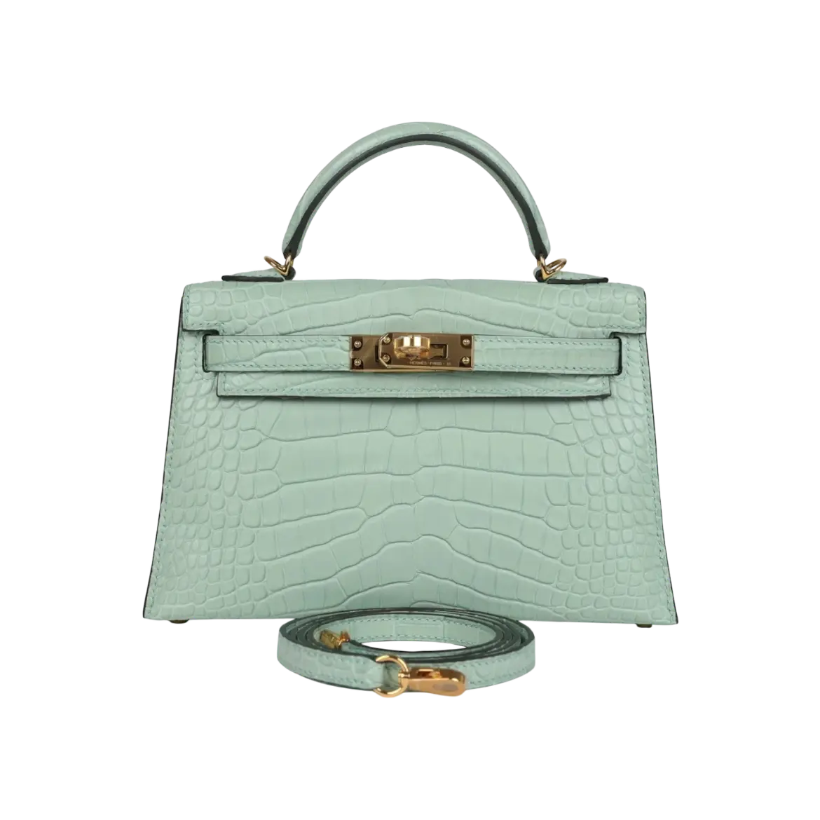 Hermès Mini Kelly Sellier Vert D'Eau Matte Alligator Gold Hardware