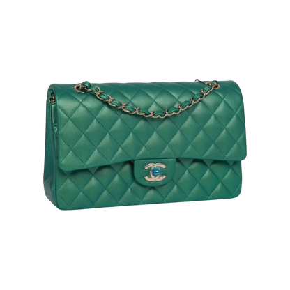 Chanel Classic Double Flap Bag Green Iridescent Lambskin Light Gold Hardware
