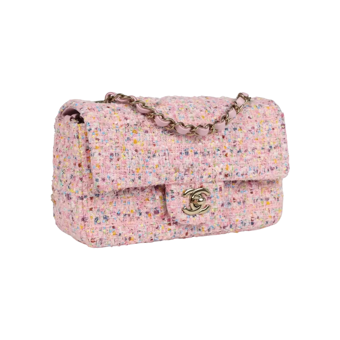 Chanel Mini Flap Bag Pink Tweed and Sequin Light Gold Hardware