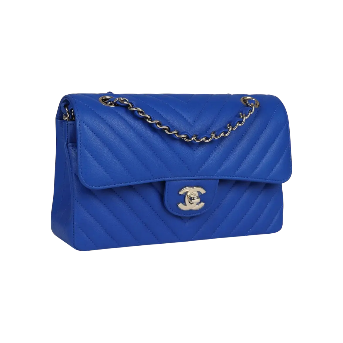 Chanel Classic Double Flap Blue Chevron Caviar Light Gold Hardware