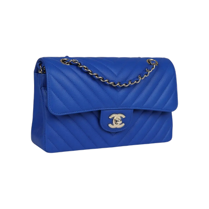 Chanel Classic Double Flap Blue Chevron Caviar Light Gold Hardware