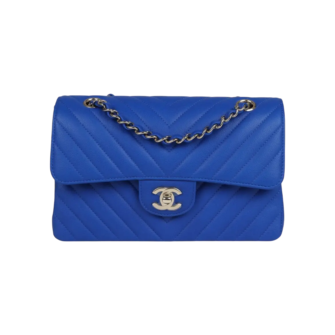 Chanel Classic Double Flap Blue Chevron Caviar Light Gold Hardware