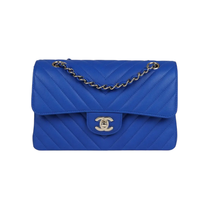 Chanel Classic Double Flap Blue Chevron Caviar Light Gold Hardware